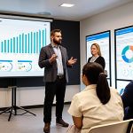 **Prompt:** A diverse group of people participating in a community meeting, discussing social impact measurement reports displayed on a projector screen. Graphs and charts showing data quality improvements and the use of technology (mobile apps, AI, blockchain) are visible. The scene should convey transparency and accountability, with participants providing feedback. Focus on a collaborative and informative atmosphere.