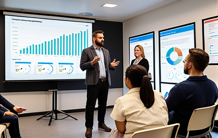 **Prompt:** A diverse group of people participating in a community meeting, discussing social impact measurement reports displayed on a projector screen. Graphs and charts showing data quality improvements and the use of technology (mobile apps, AI, blockchain) are visible. The scene should convey transparency and accountability, with participants providing feedback. Focus on a collaborative and informative atmosphere.