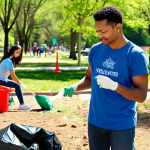 **

Prompt: *Community members participating in a volunteer cleanup event, picking up trash in a park. Focus on positive action and community involvement. Diverse group of people, bright sunny day.*

**
