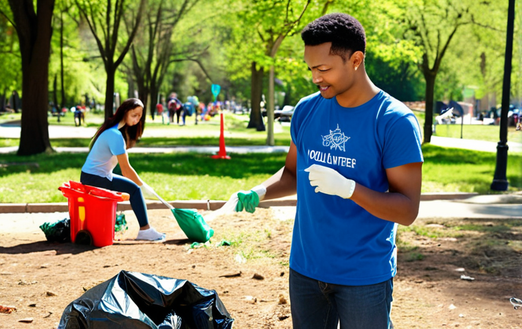 **
Prompt: *Community members participating in a volunteer cleanup event, picking up trash in a park. Focus on positive action and community involvement. Diverse group of people, bright sunny day.*
**