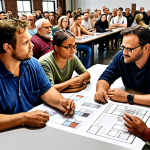 **Image Prompt:** A diverse group of people participating in a community meeting, discussing plans for a new factory, emphasizing inclusivity and collaboration.