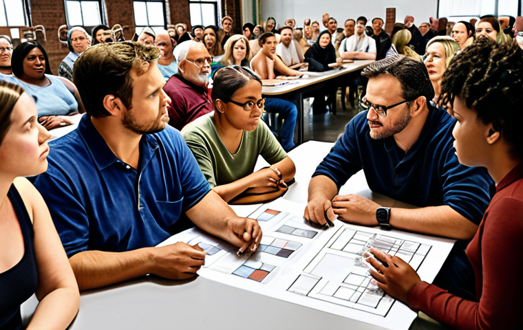 **Image Prompt:** A diverse group of people participating in a community meeting, discussing plans for a new factory, emphasizing inclusivity and collaboration.