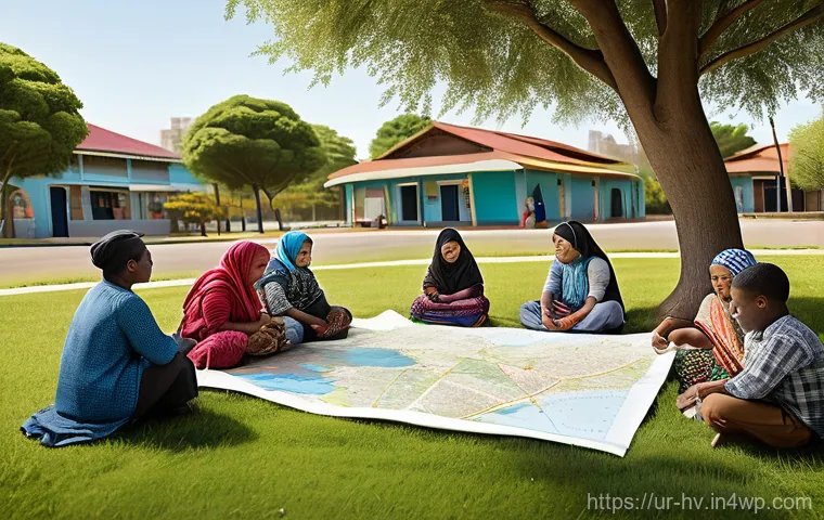 소셜 임팩트 평가의 다양한 모델 - A vibrant scene depicting a diverse group of community members, including men, women, and children o...