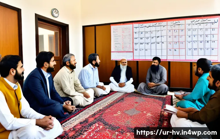 소셜 임팩트 측정의 성과 관리 - A detailed scene of a diverse Urdu-speaking community workshop in Pakistan, featuring men and women ...