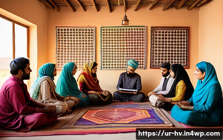 소셜 임팩트 측정의 장기적 효과 - A vibrant community meeting in a Pakistani village setting, featuring diverse local men and women dr...