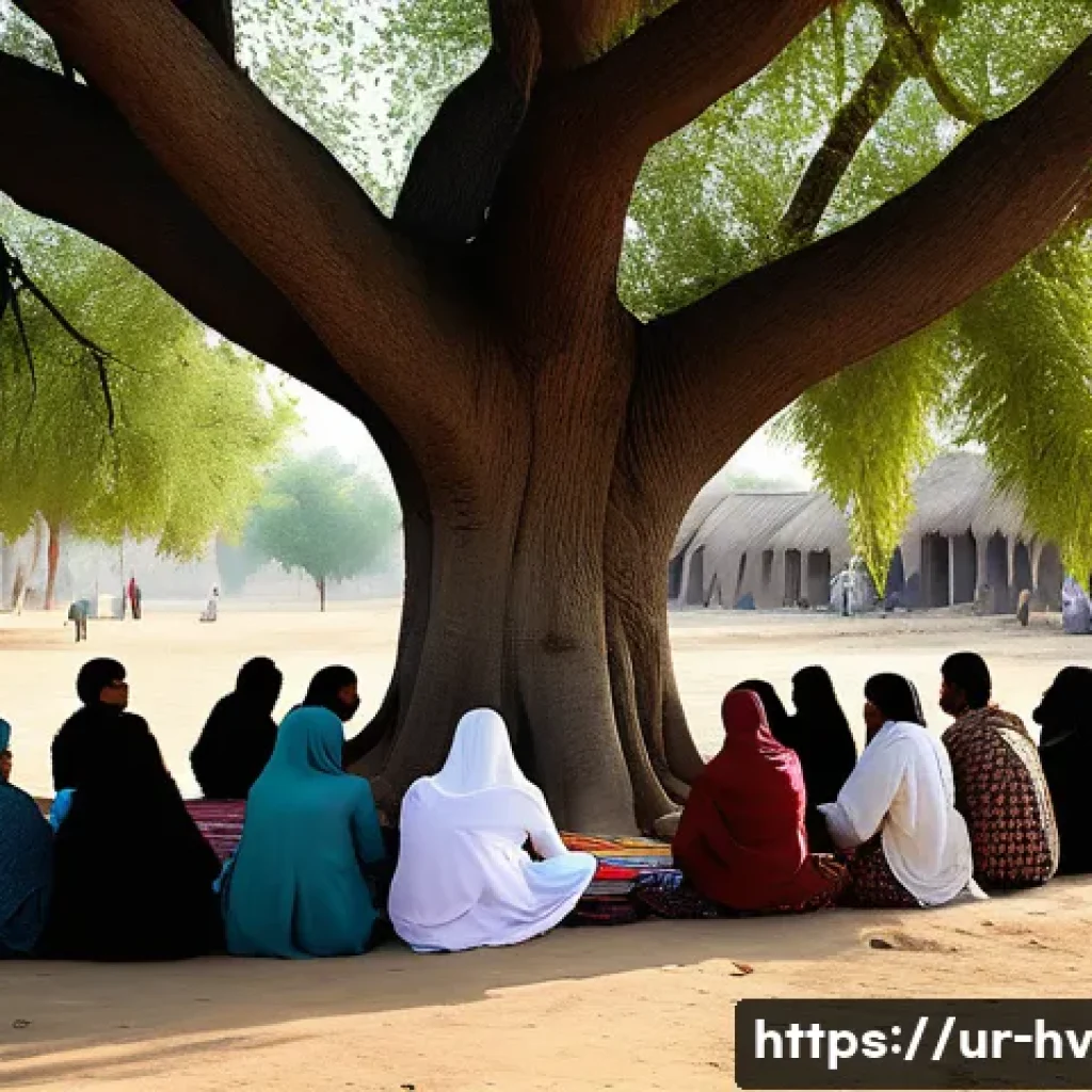 소셜 임팩트 측정과 커뮤니티 개발 - A vibrant rural Pakistani village scene showing a community meeting outdoors under a large banyan tr...