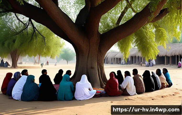 소셜 임팩트 측정과 커뮤니티 개발 - A vibrant rural Pakistani village scene showing a community meeting outdoors under a large banyan tr...