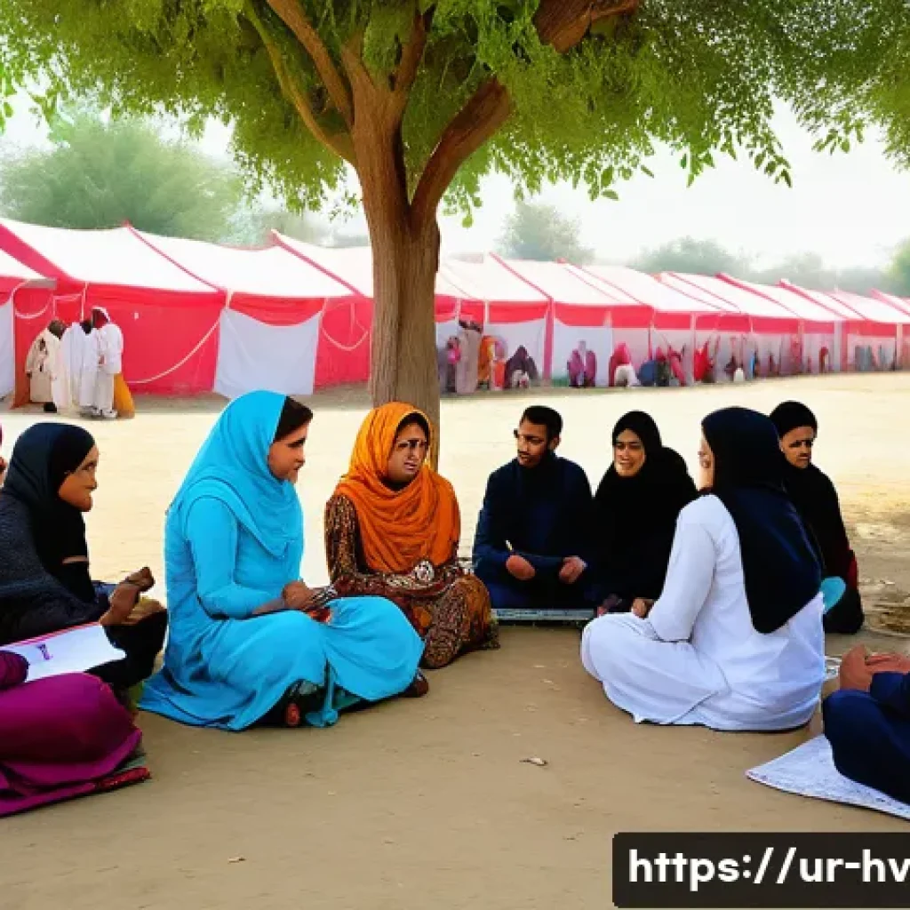 소셜 임팩트 측정의 중요성 - A vibrant community meeting scene in a rural Pakistani village, with diverse men and women in tradit...