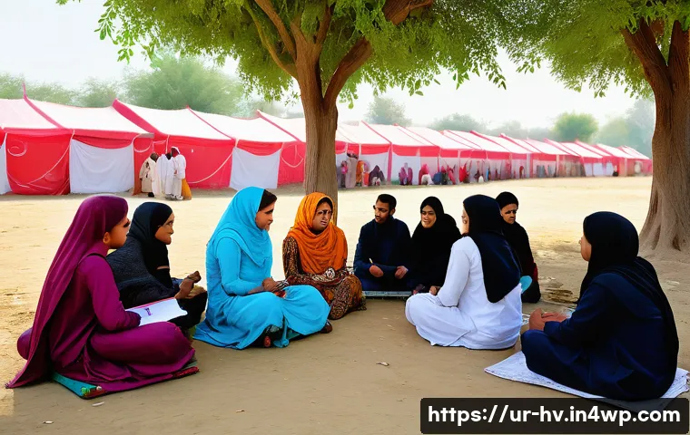 소셜 임팩트 측정의 중요성 - A vibrant community meeting scene in a rural Pakistani village, with diverse men and women in tradit...