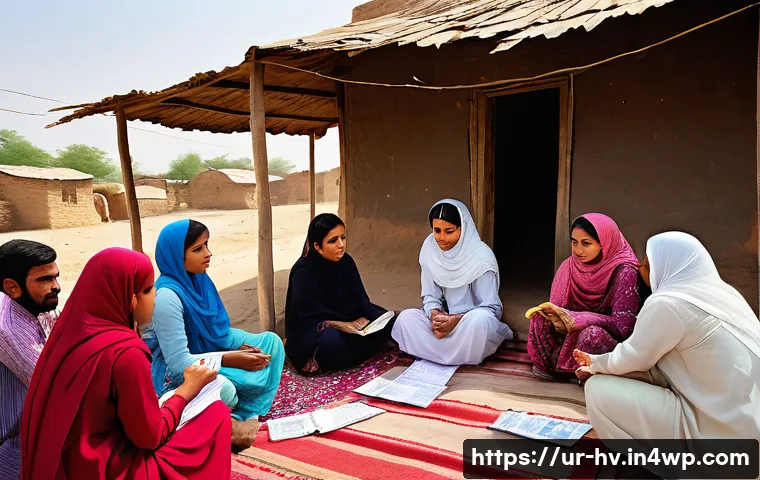 소셜 임팩트 측정의 차별적 요인 - A detailed scene depicting a community microfinance program in a rural Pakistani village, showcasing...