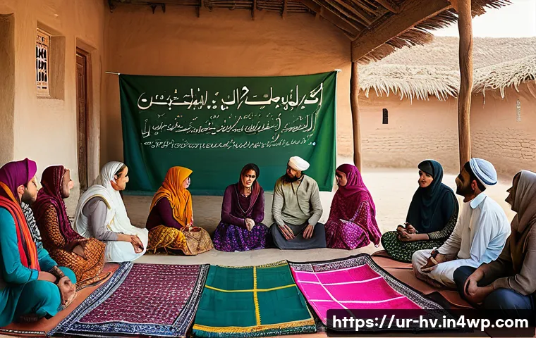 소셜 임팩트 측정의 평가 기준 설정 - A vibrant community meeting scene in a Pakistani village setting, showing diverse men and women in t...