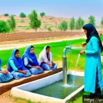 Home 22 소셜 임팩트 측정 사례 연구 - A vibrant rural Pakistani village scene showing a community water supply project in action: villager...