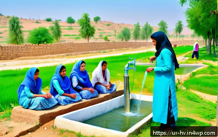 소셜 임팩트 측정 사례 연구 - A vibrant rural Pakistani village scene showing a community water supply project in action: villager...