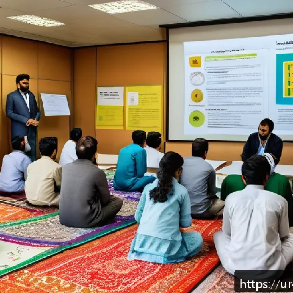 소셜 임팩트 측정의 정보 전달 전략 - A professional social impact workshop scene set in Pakistan, featuring diverse community members inc...