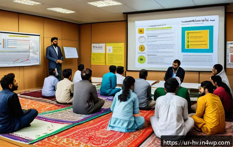 소셜 임팩트 측정의 정보 전달 전략 - A professional social impact workshop scene set in Pakistan, featuring diverse community members inc...