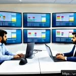 Home 18 소셜 임팩트 측정과 데이터 통합 - A modern office scene in Karachi featuring a diverse team of professionals analyzing digital data da...