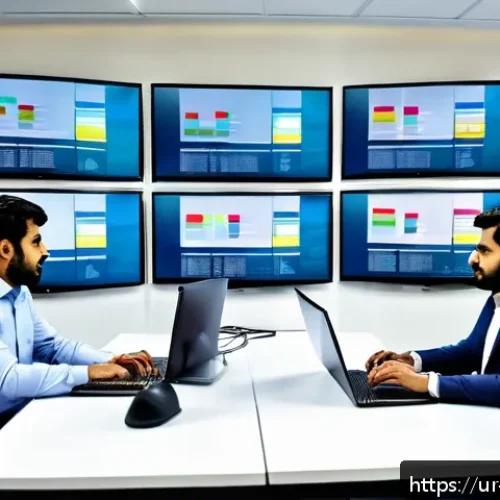 Home 30 소셜 임팩트 측정과 데이터 통합 - A modern office scene in Karachi featuring a diverse team of professionals analyzing digital data da...