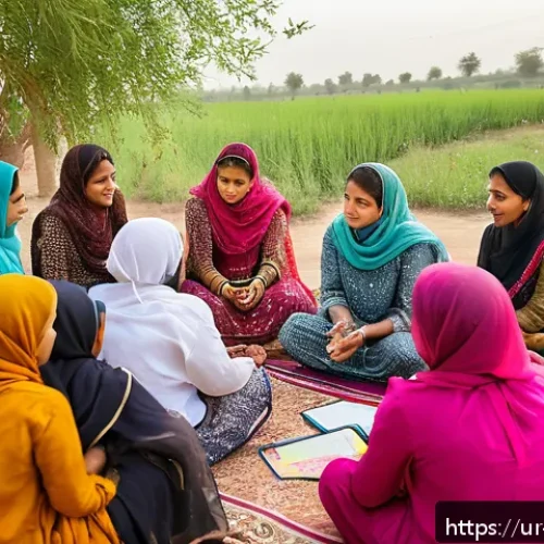 Home 17 소셜 임팩트 평가와 사회적 기업 - A vibrant community meeting scene in a rural Pakistani village, showing diverse men and women seated...