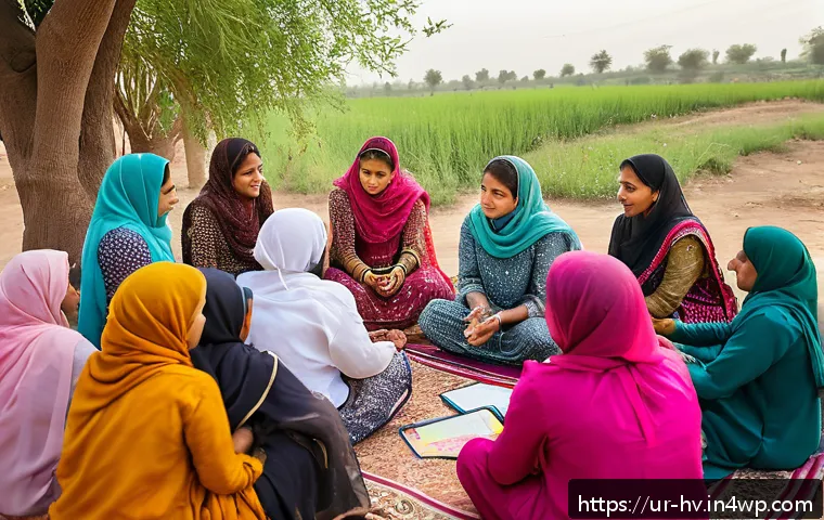 소셜 임팩트 평가와 사회적 기업 - A vibrant community meeting scene in a rural Pakistani village, showing diverse men and women seated...